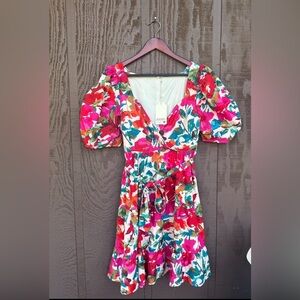 JODIFL Women’s Floral Colorful Puff Sleeve A Line V Neck Dress Large Boho Preppy
